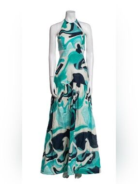 Silvia Tcherassi Turquoise Swirl Maxi Linen Dress